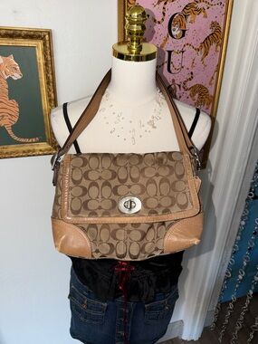 Coach Signature Canvas and Leather Shoulder Bag in Khaki/Tan